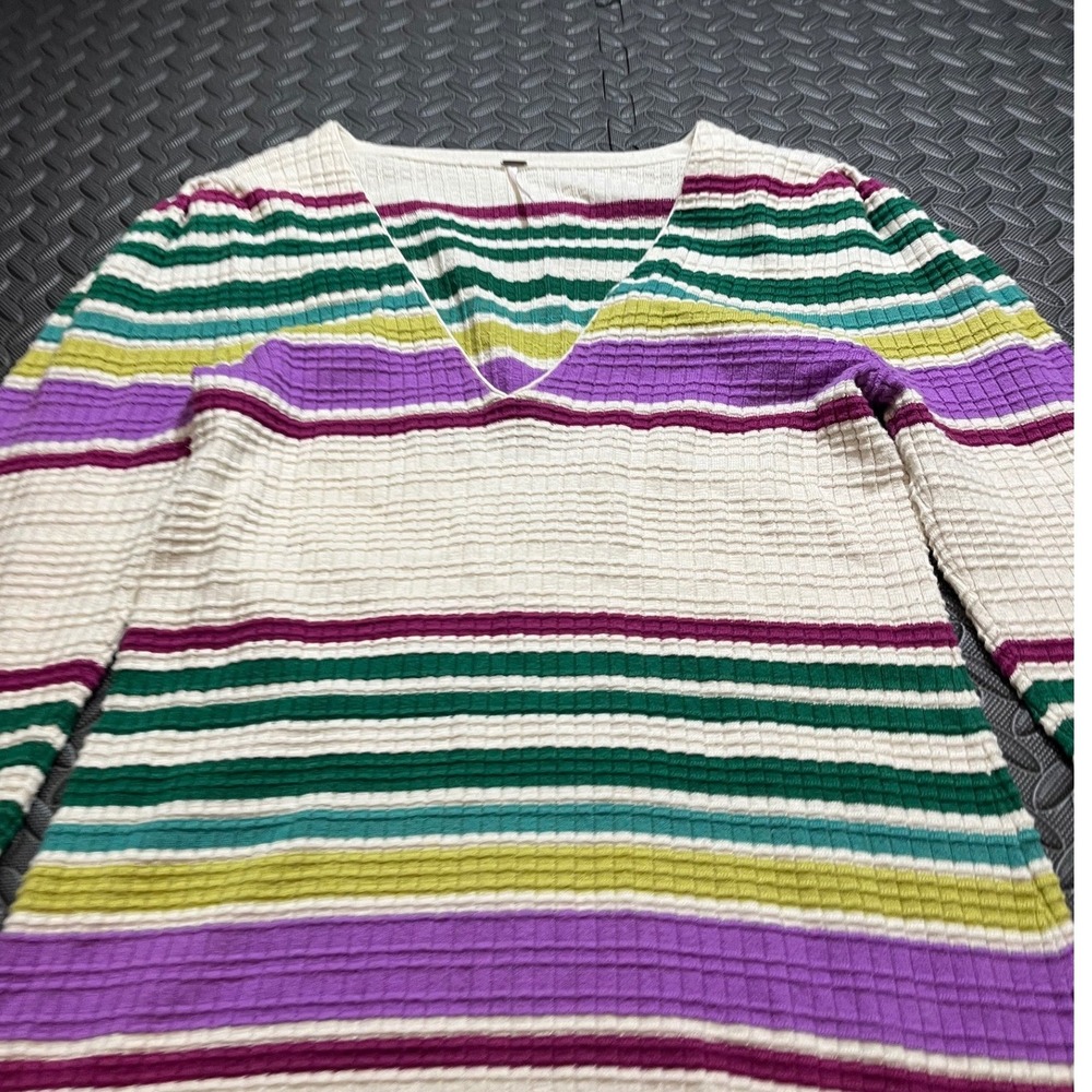 FREE PEOPLE Gidget Sweater Dress Womens Multi Striped Ribbed Knit V-Neck Medium - Picture 3 of 10